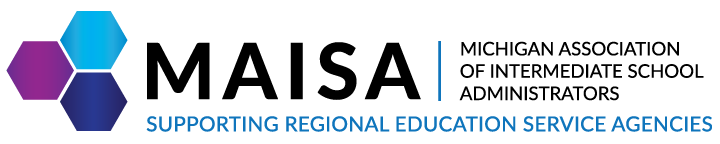 Michigan Association of Intermediate School Administrators logo. Three hexagons which are purple, light blue and dark blue next to the letters M A I S A