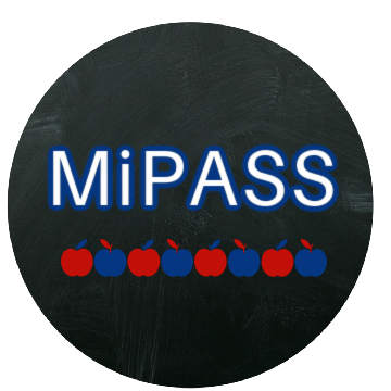 Black circle logo with white typography and blue outline. Apples are underneath the text which reads MiPASS