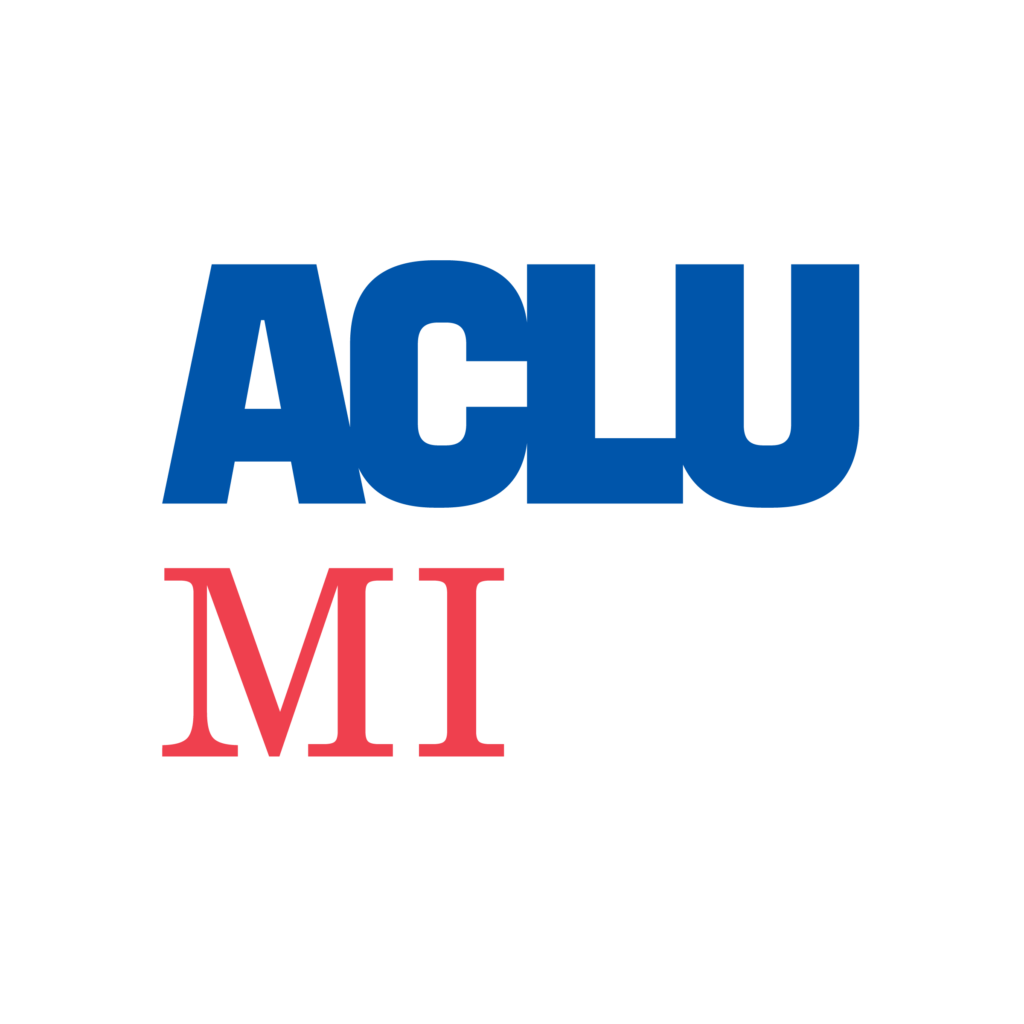 ACLU Michigan Logo. Blue and red letters
