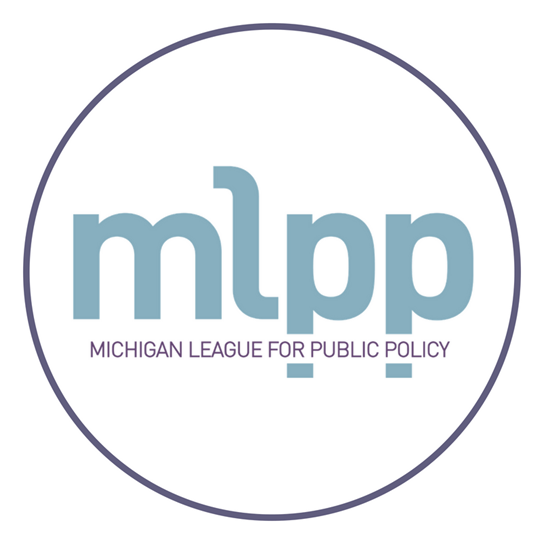 Michigan League for Public Policy logo. Navy circle with white background with the letters MLPP